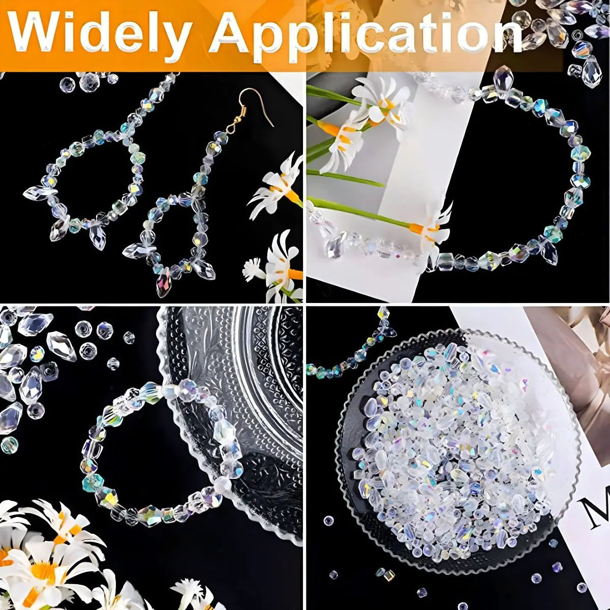 Handmade jewelry made from clear iridescent crystal beads including earrings and a bracelet.