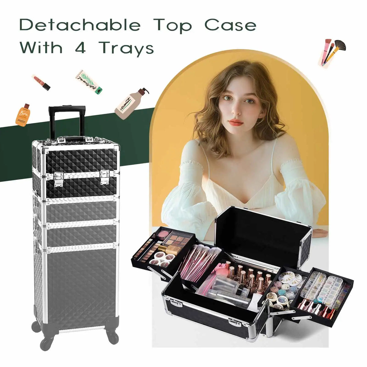 A woman next to a black rolling makeup case and a detachable top case filled with cosmetics