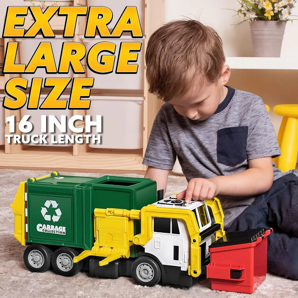 Child playing with a 16 inch toy garbage truck with a red dumpster attachment