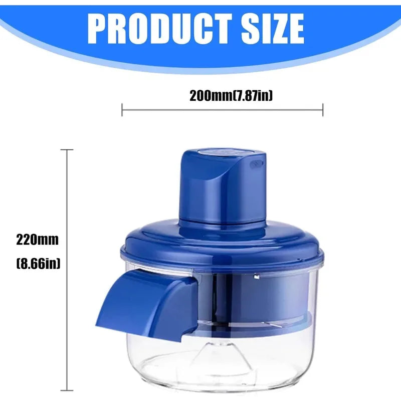 Blue electric fruit peeler with dimensions labeled in millimeters and inches
