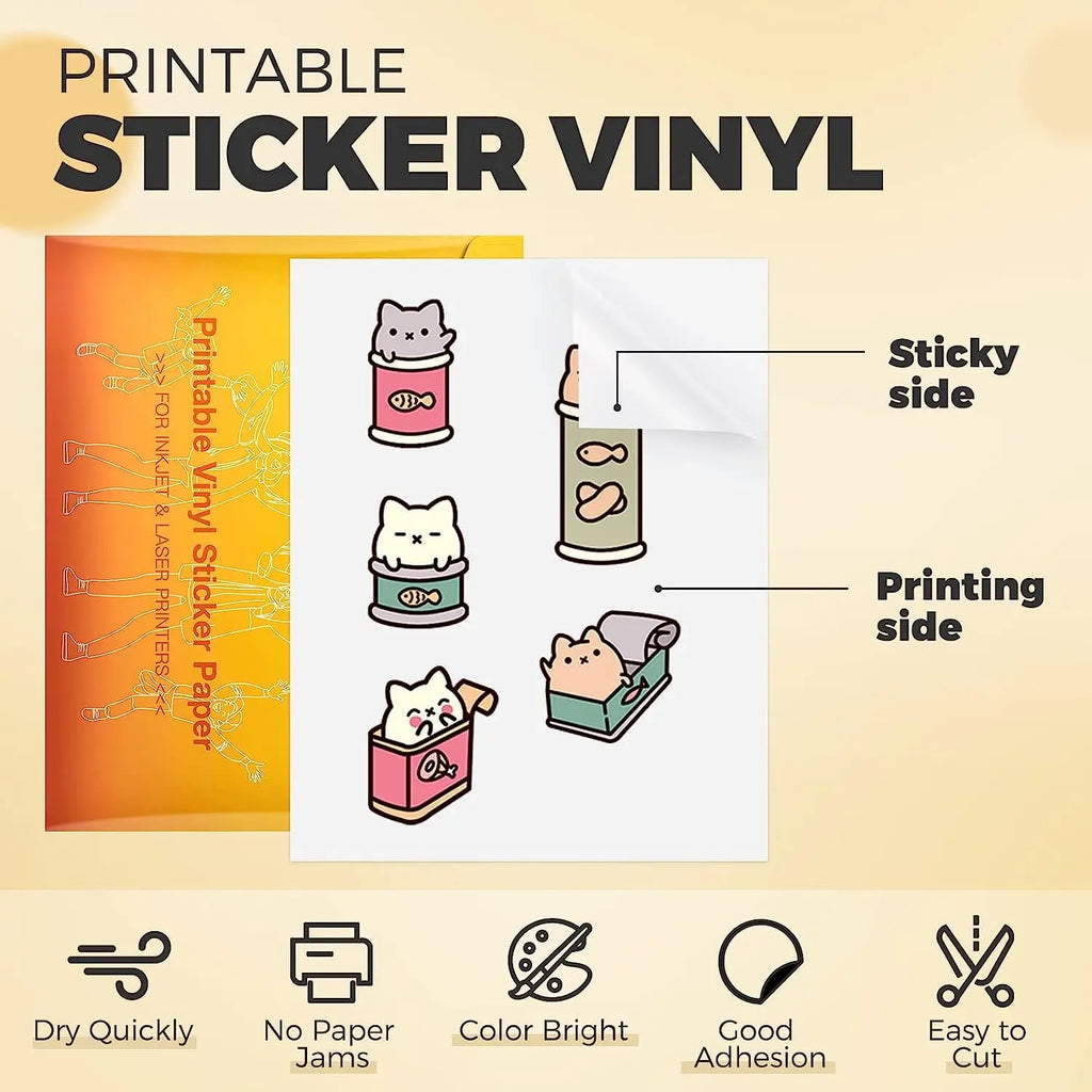 Printable vinyl sticker paper sheets showing the sticky side and printing side with cute cat designs