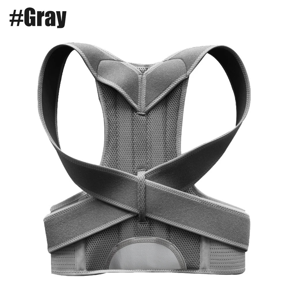 Adjustable Back Brace Posture Corrector with Dual Metal Support Bars – Gray