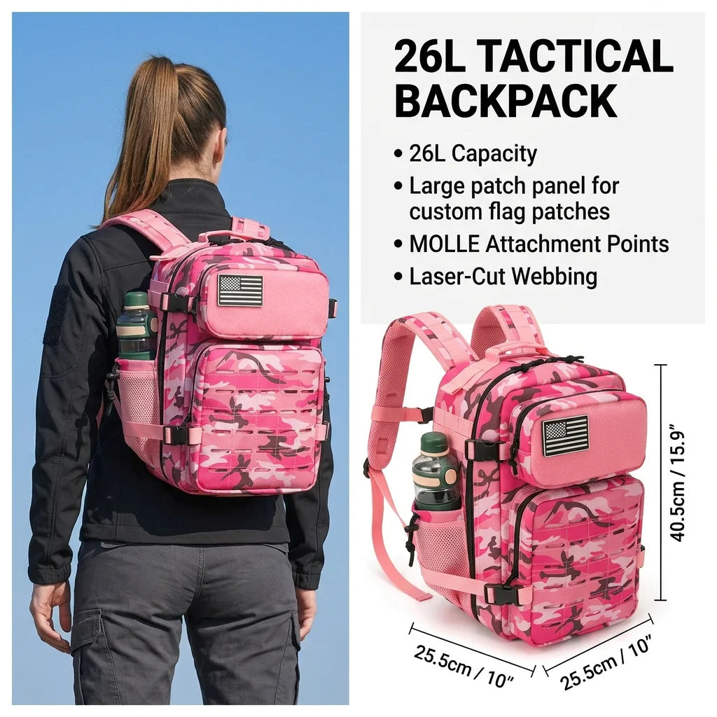 26L Molle Gym Backpack with Dual Cup Holders for Fitness and Hiking – Pink