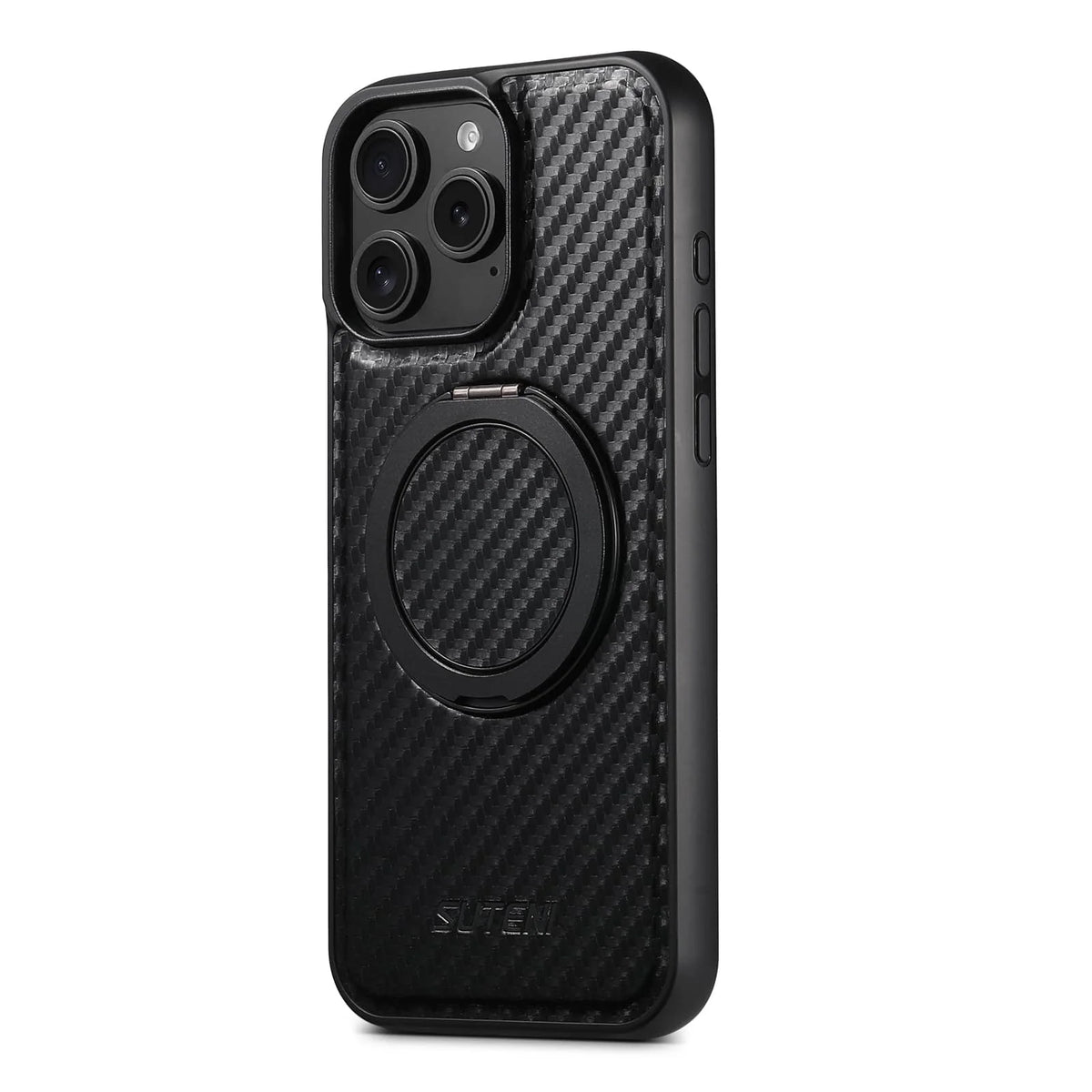 Carbon Fiber Protective Case with Magnetic Kickstand for iPhone 12–16 – Black