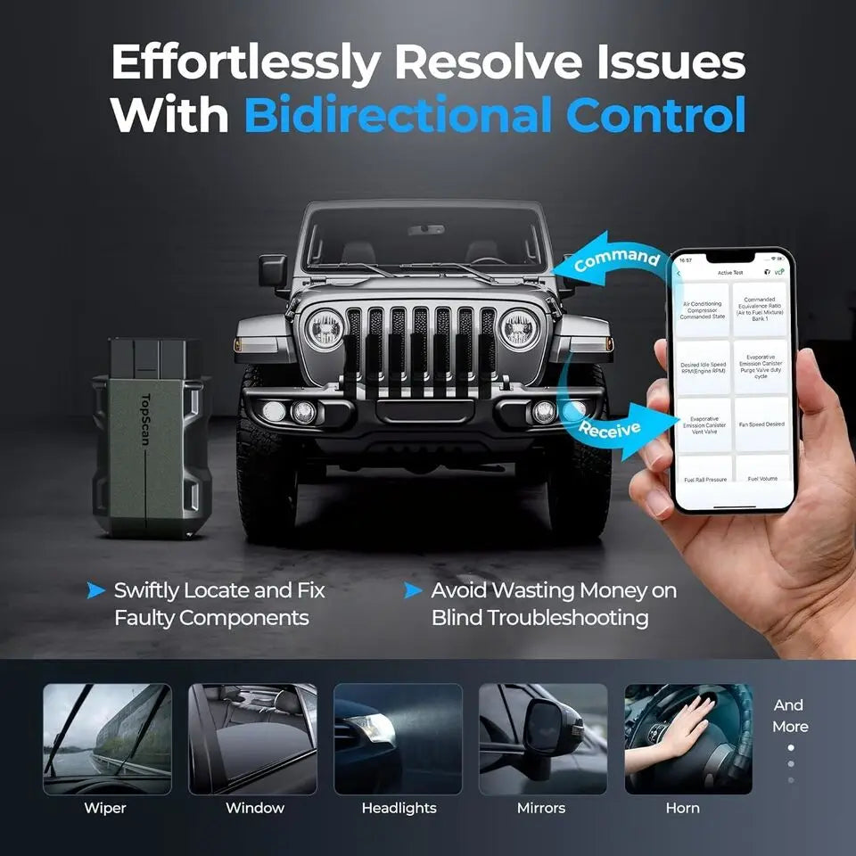 Diagnostic tool being used with a mobile app for bidirectional control functions on a car