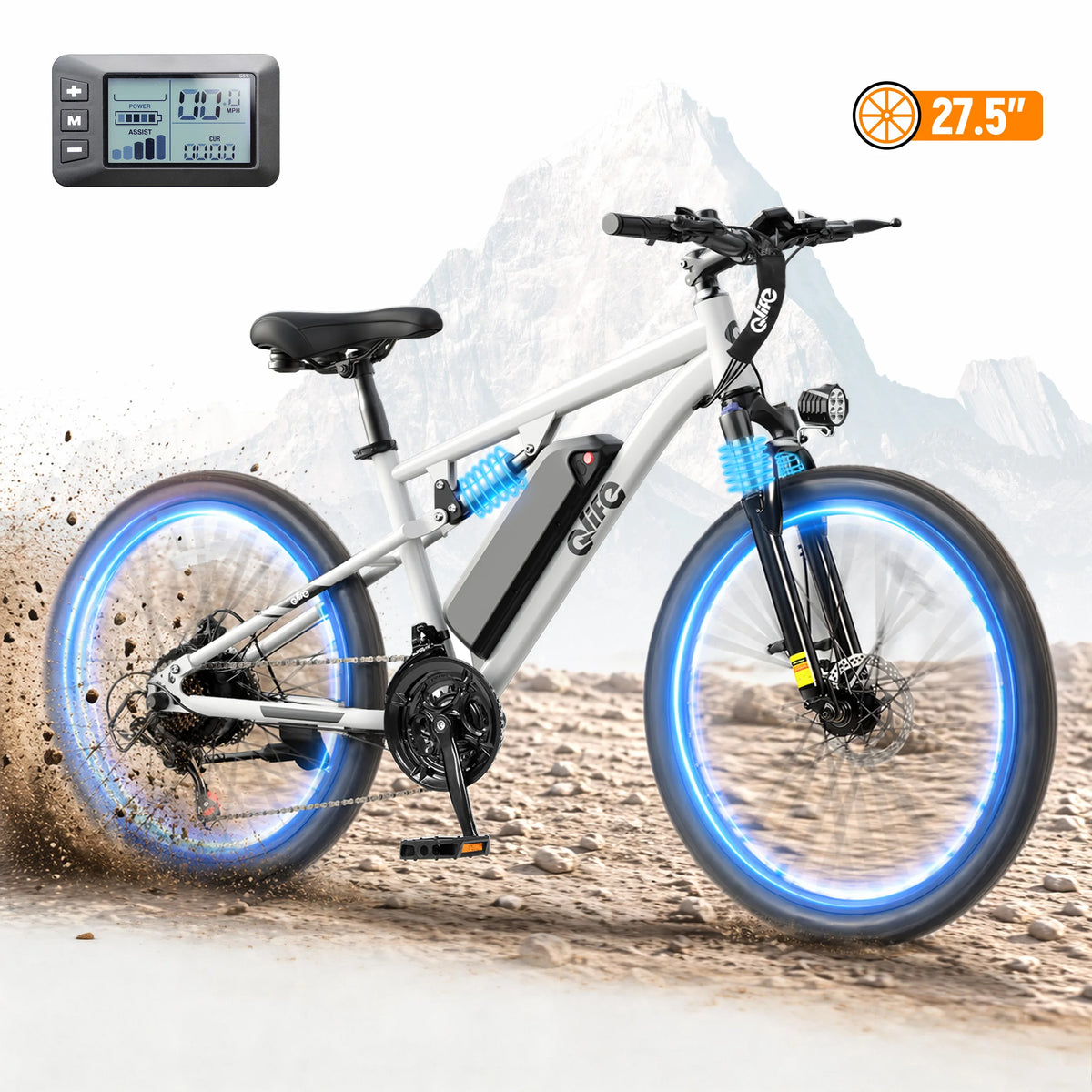 Qlife Racer Ultra Electric Mountain Bike, 1200W 48V 10.4Ah, 27.5" Tires – White