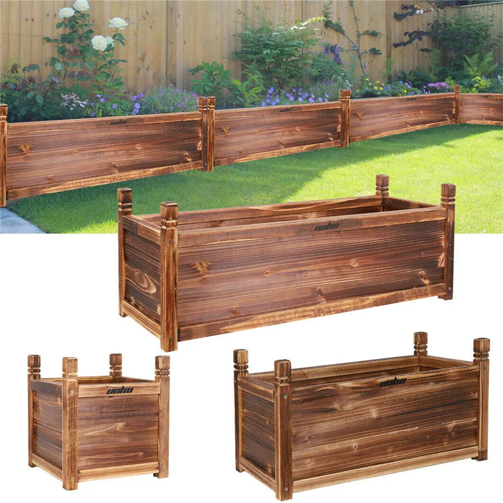 Three different sizes of rectangular dark stained rustic wooden planters on a green lawn