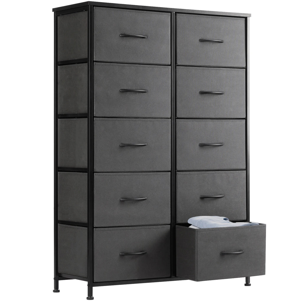 JHK Bedroom Bedside Table with 10 Fabric Drawers and Steel Frame – Light Grey