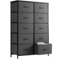JHK Bedroom Bedside Table with 10 Fabric Drawers and Steel Frame – Light Grey