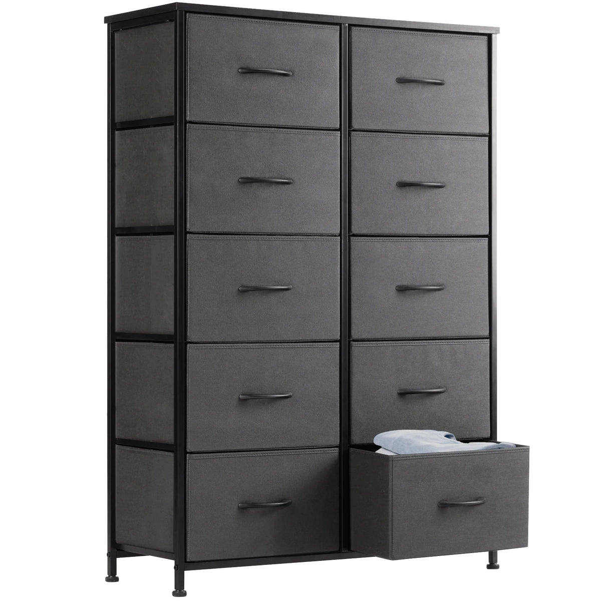 JHK Bedroom Bedside Table with 10 Fabric Drawers and Steel Frame – Light Grey