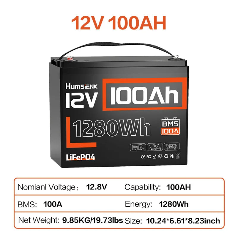 Humsienk 12V LiFePO4 Battery with BMS, 50Ah–314Ah Capacity – 12V 100AH