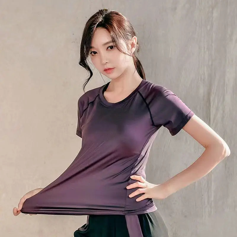 Dark purple short-sleeve yoga t-shirt with breathable mesh back