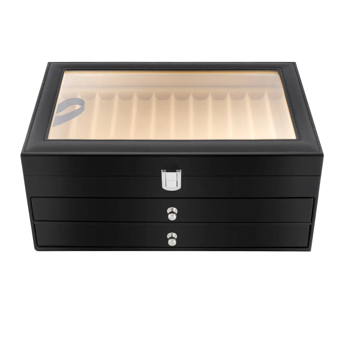 36-Slot Pen Display Box, Black Leather Organizer with Glass Window – Black