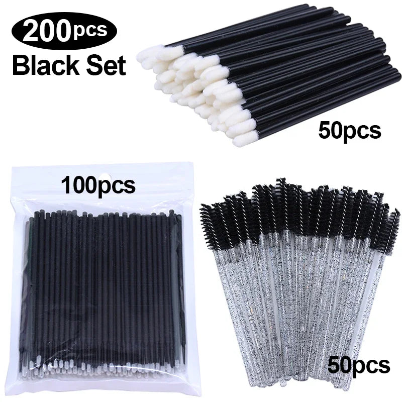 200-Piece Disposable Eyelash and Lip Makeup Applicator Brush Set – 200pcs black set