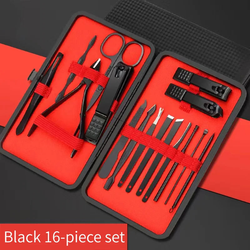 Nail Clipper Set with Carbon and Stainless Steel Manicure Tools – Black 16 pieces set