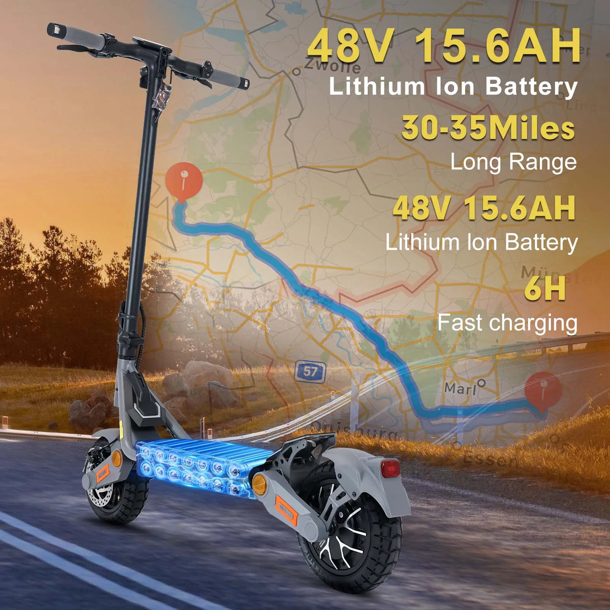 Electric scooter with high-capacity 48V lithium battery and long range battery life