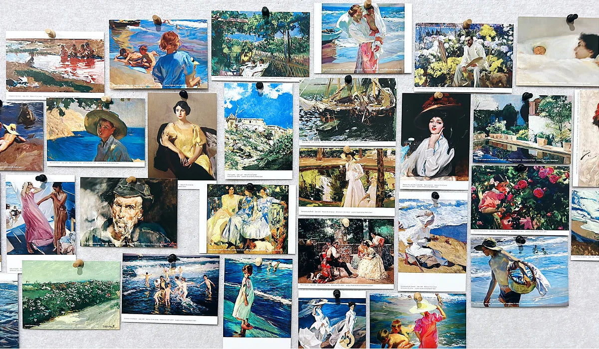 A collage of classical art postcards showing beach scenes, portraits, and landscapes.
