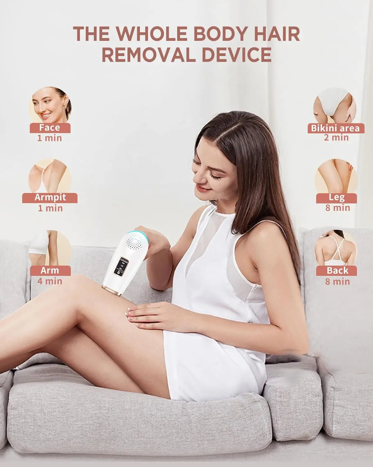 Woman sitting on a couch using an IPL hair removal device on her leg.