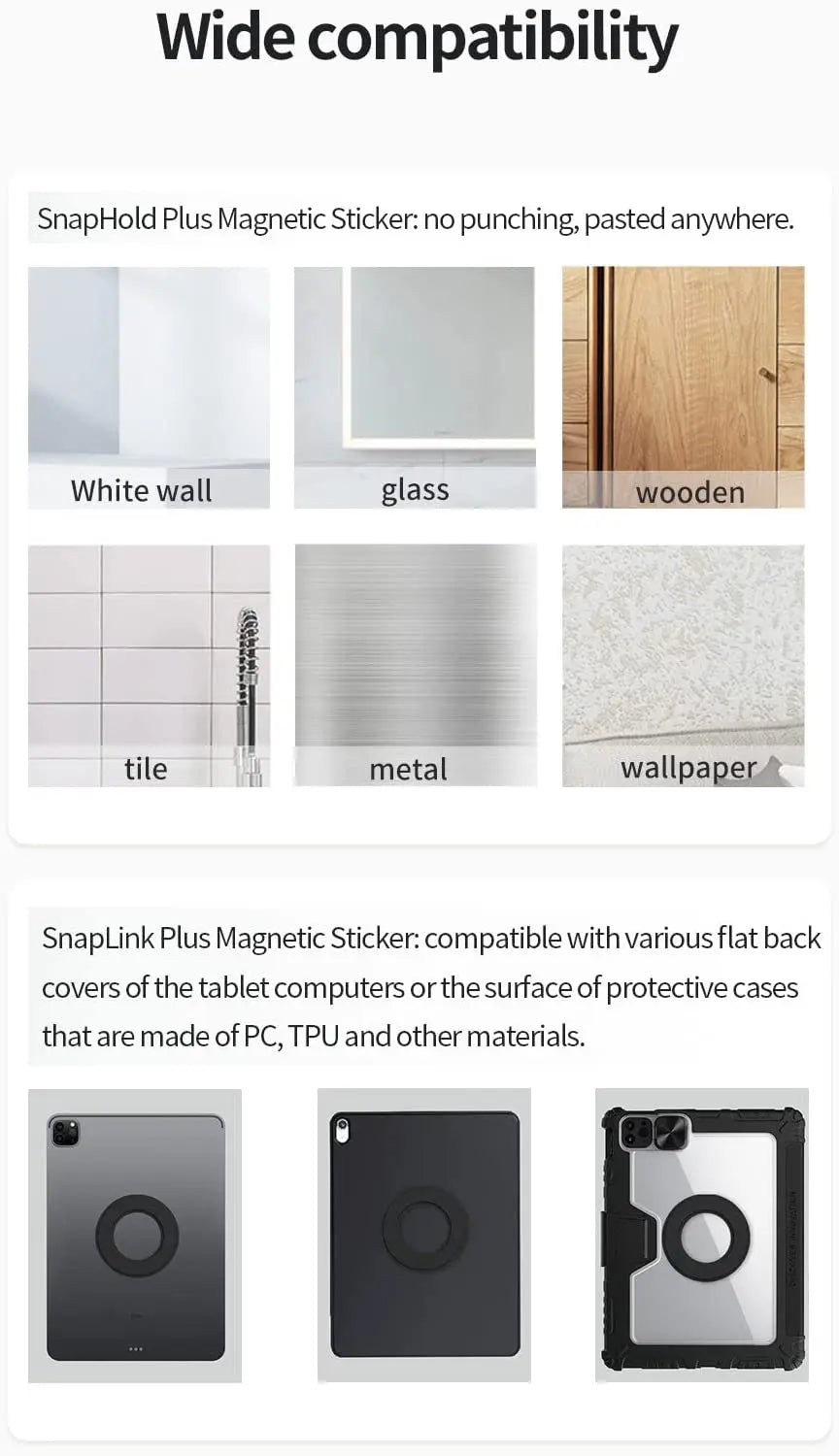 Magnetic adhesive ring shown on different surface textures and attached to various tablet back covers