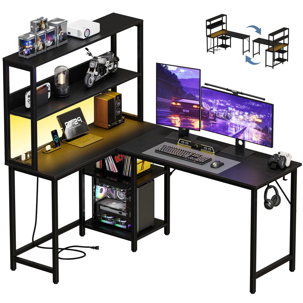 JHK 53 Inch L Shaped Gaming Desk with LED Light Reversible Computer Desk with Adjustable Shelf USB Power Outlet Corner Desk – black