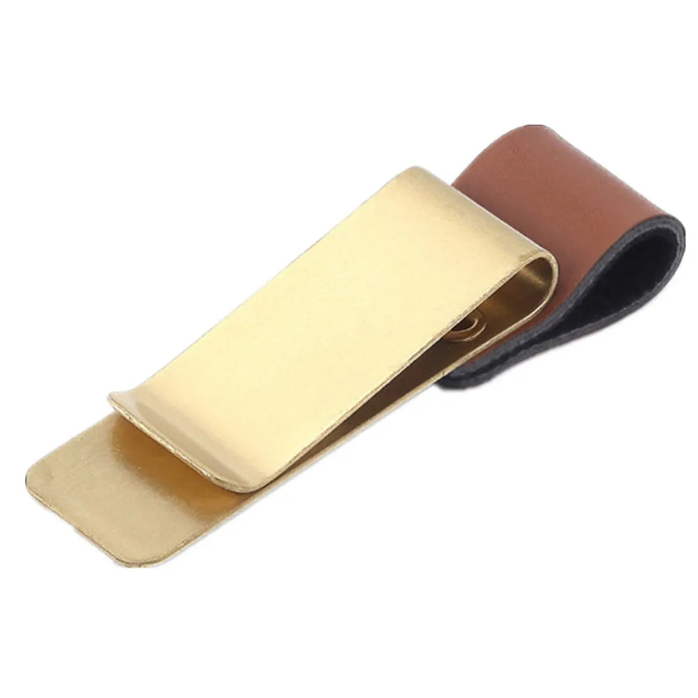 Single brass and leather pen holder clip on a white background.