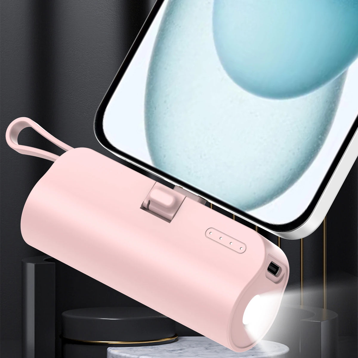 5000mAh Portable Power Bank with Built-in Cable and LED Lamp – Pink