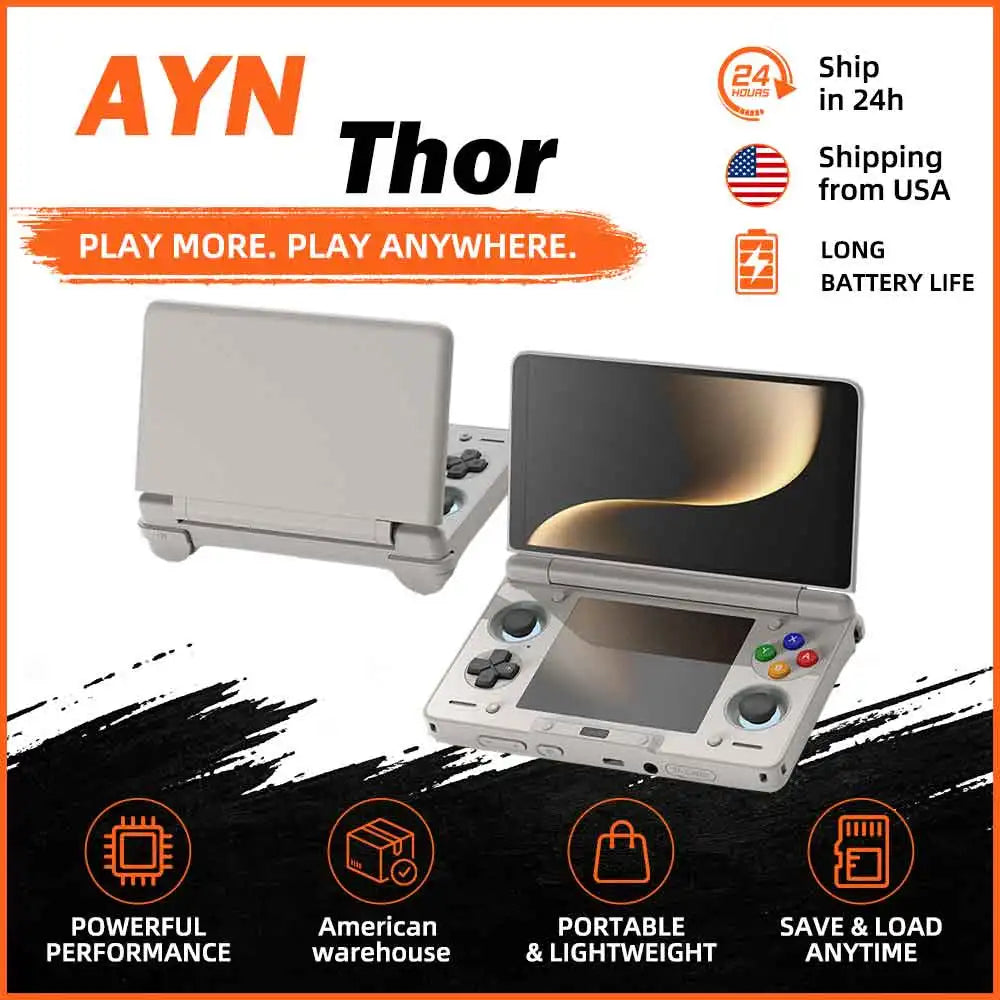 A grey clamshell dual screen handheld gaming console shown from different angles with overlaid performance text icons