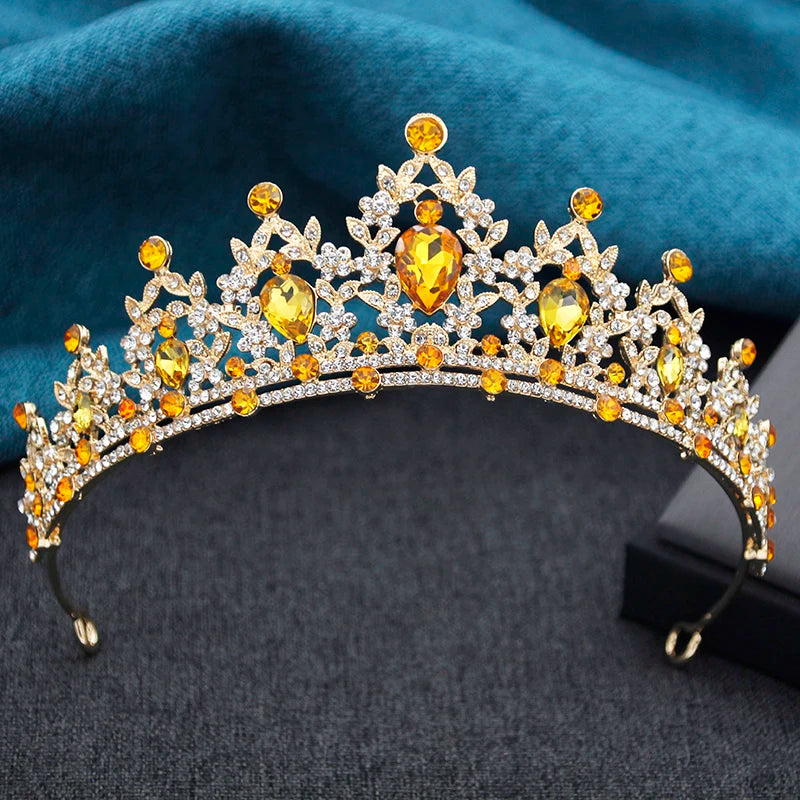 Princess Crown Bridal Tiara with Rhinestones, 13.5 cm Diameter – Yellow