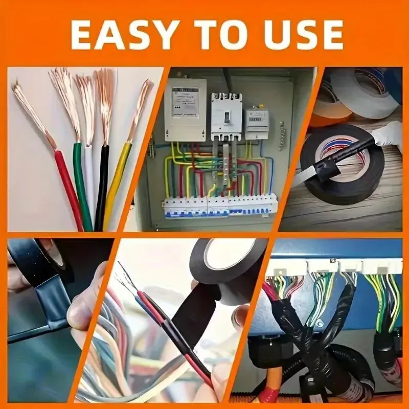 A collage showing various uses of black electrical tape for industrial and home wiring.