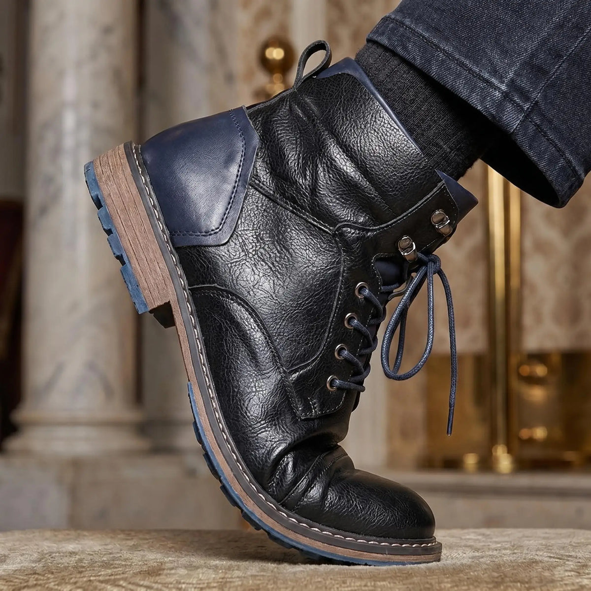 Men's black leather lace-up ankle boot