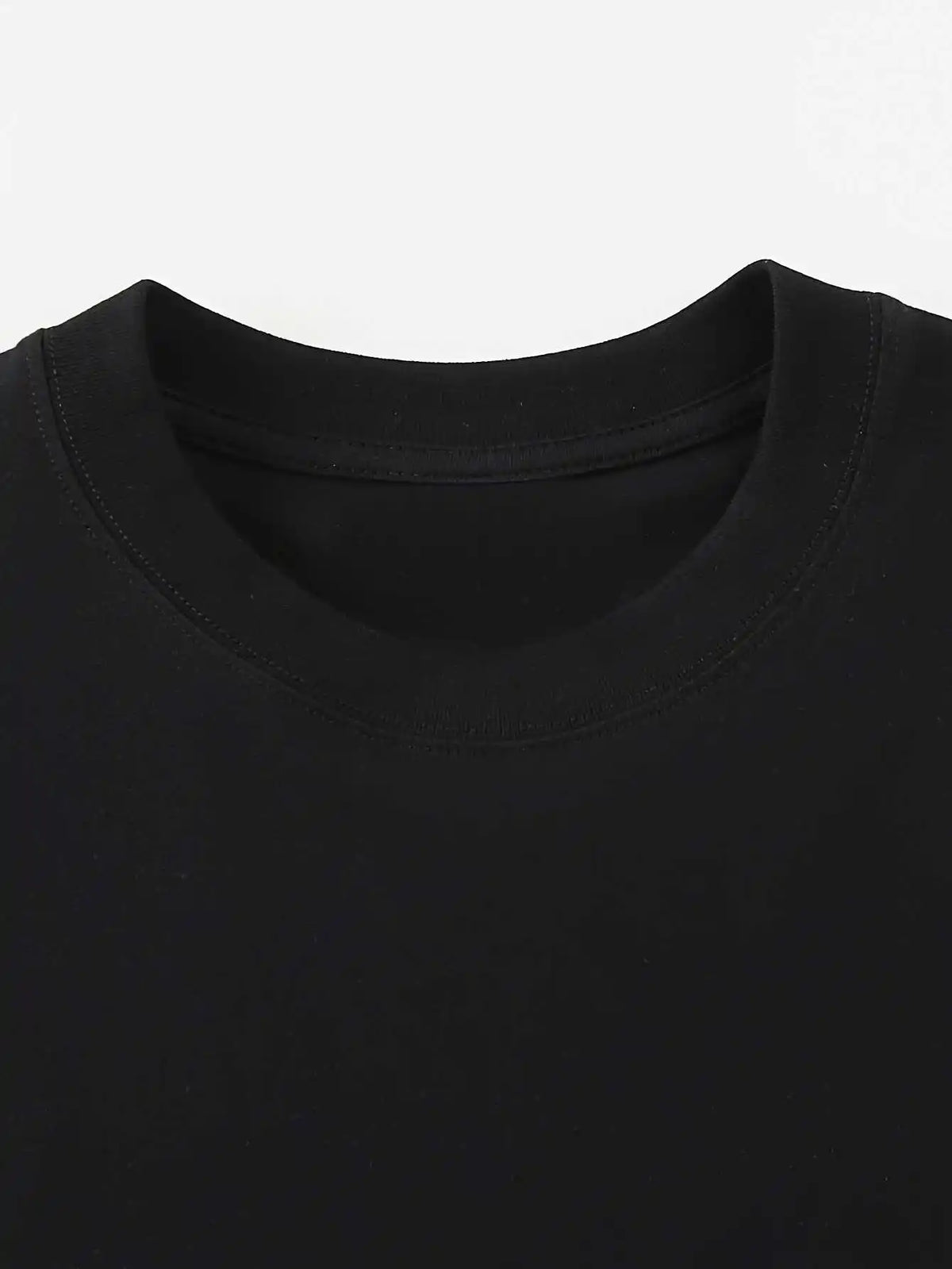 Close-up of a black crew neck t-shirt collar