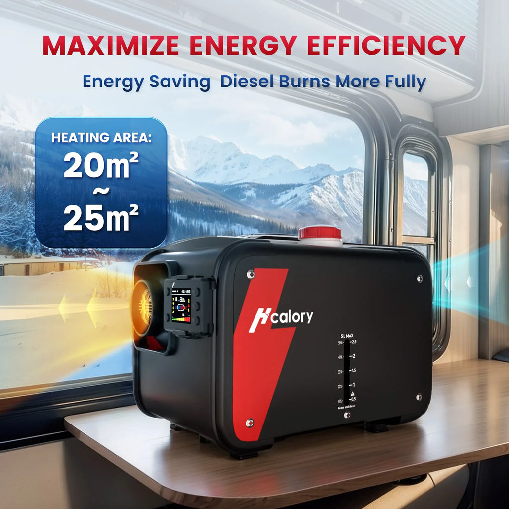 Portable diesel heater unit heating a small cabin space