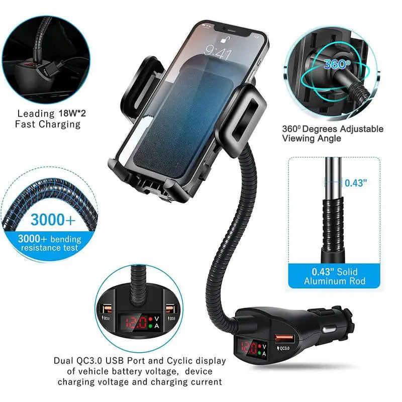 Technical features of a car phone holder including bending durability, fast charging, adjustable angle, and USB ports.