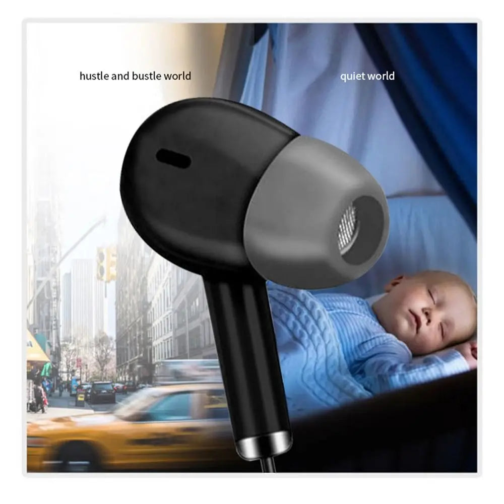 A composite image showing black wired headphones next to a sleeping baby and a city street scene.