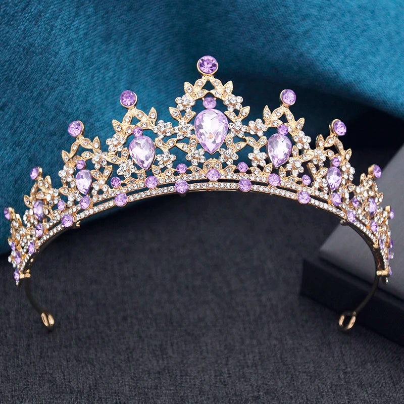 Princess Crown Bridal Tiara with Rhinestones, 13.5 cm Diameter – Gold Purple