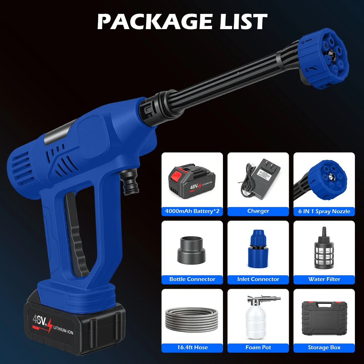 21V Cordless Portable Pressure Washer, 900PSI with 6-in-1 Nozzle – Blue Color