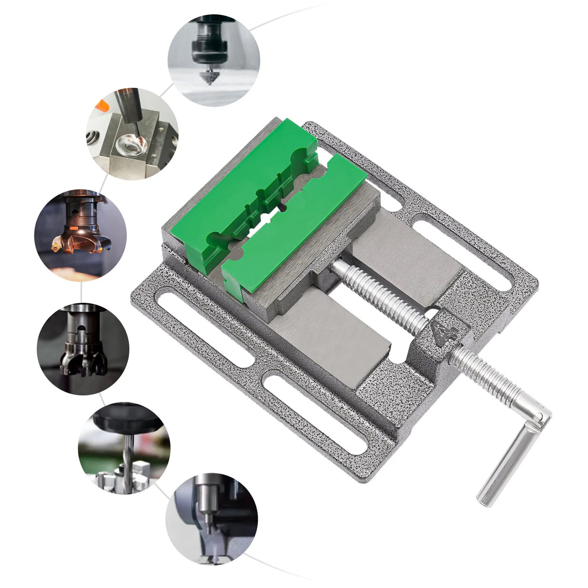 4-inch drill press vise with green non-slip jaws and cast iron construction, shown with various machining tools