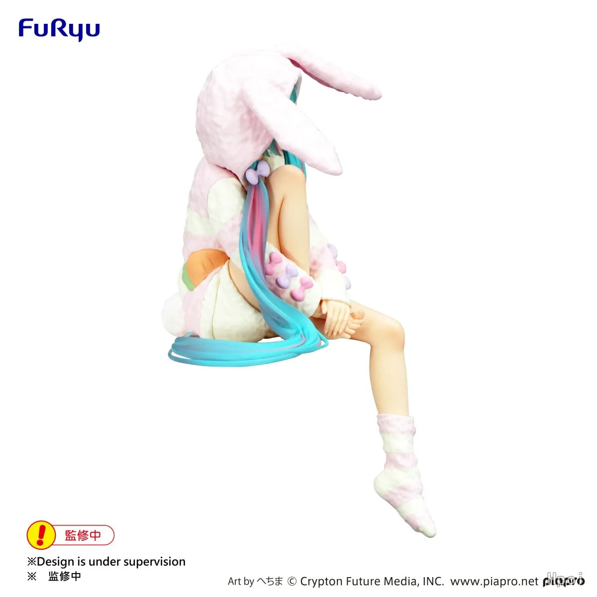 Side view of Hatsune Miku anime noodle stopper figure wearing a pink bunny ear pajama hoodie