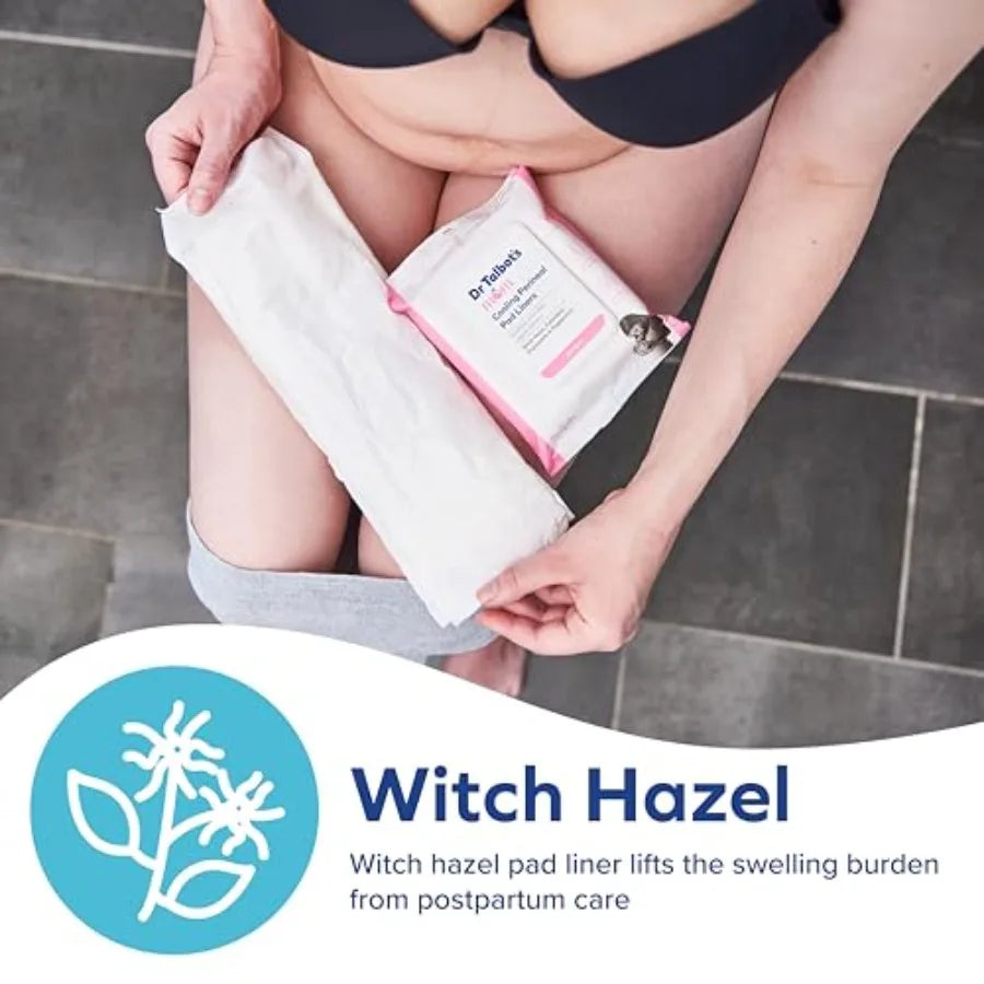 A woman holding a pack of cooling perineal pad liners over a pad, with overlay text about witch hazel.