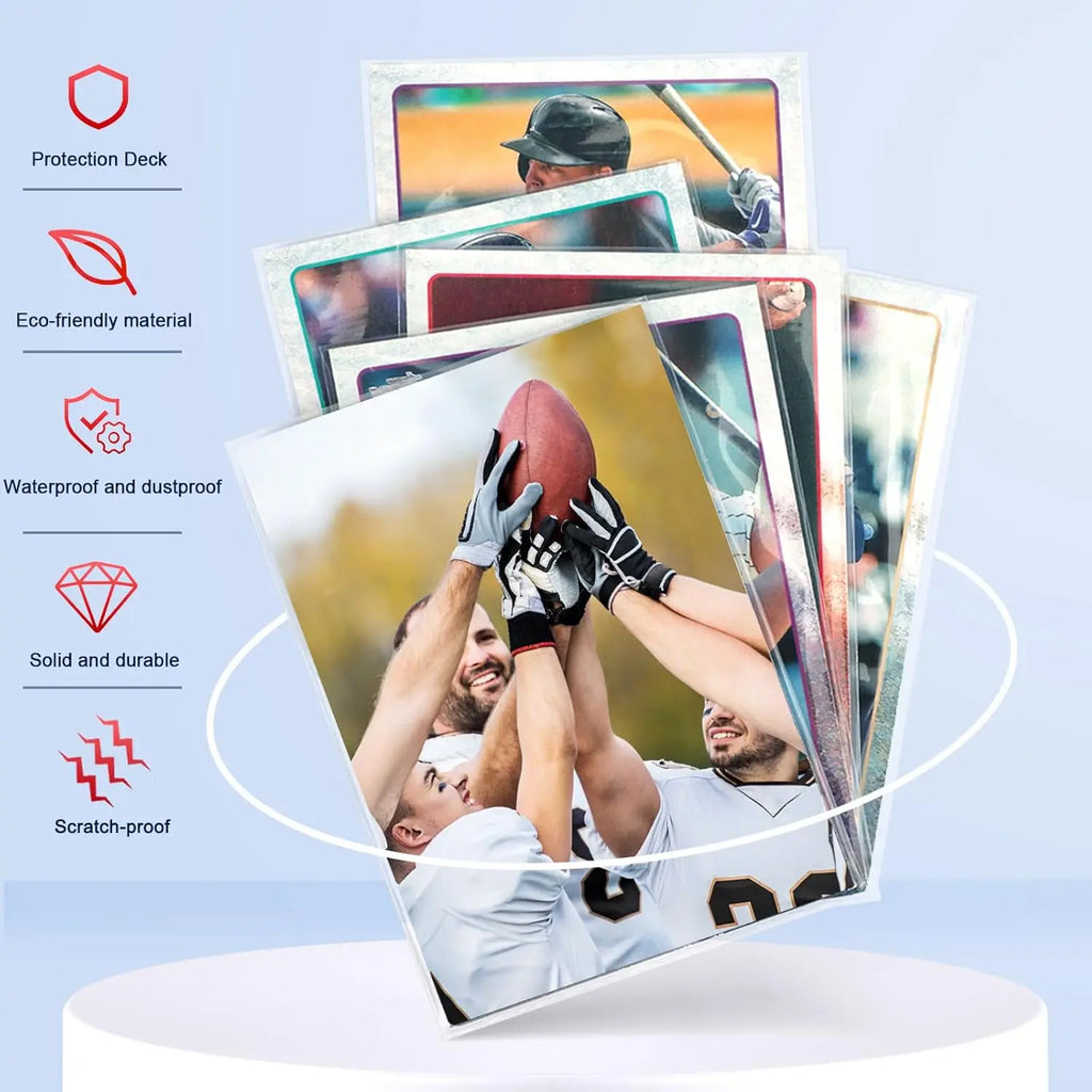 A fan of clear card sleeves containing various illustrated sports and game cards.