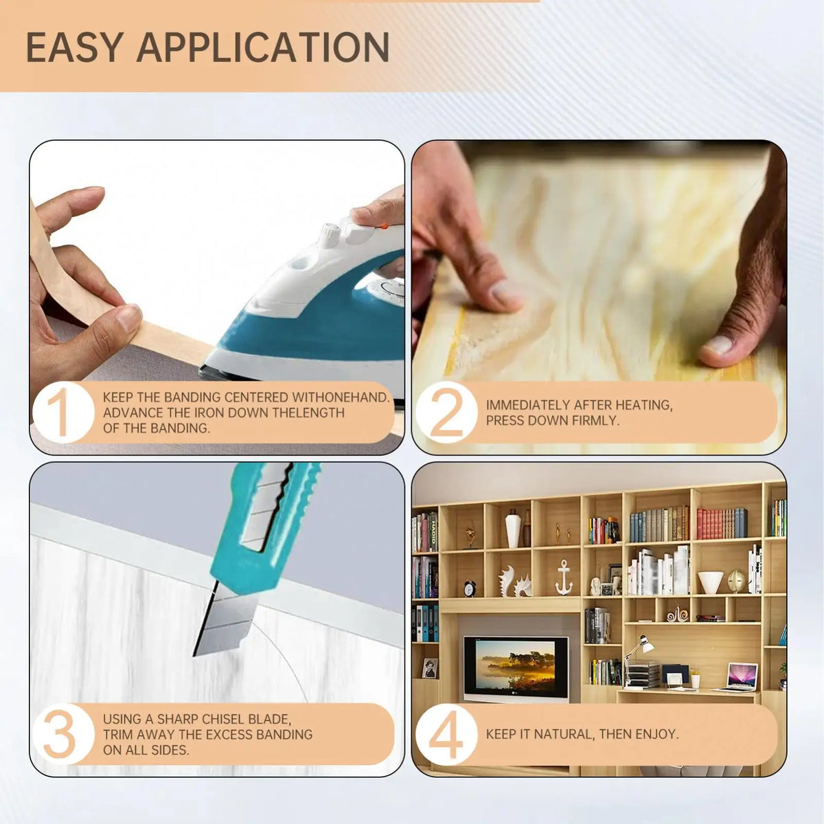 Instructional steps for applying heat-activated wood veneer edge banding using an iron