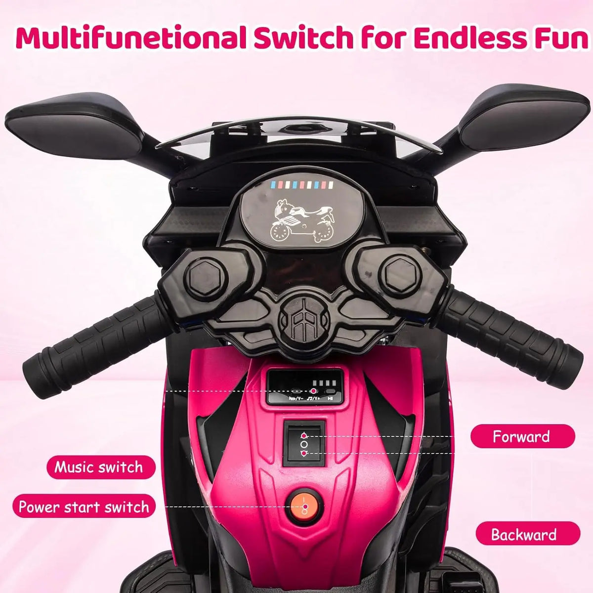 Handlebar and console view of a kids electric motorcycle showing forward, backward, music, and power controls