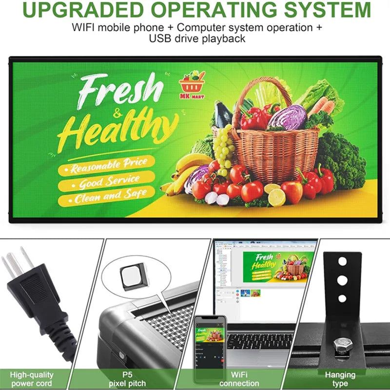 Digital LED display board showing fresh produce and technical setup features