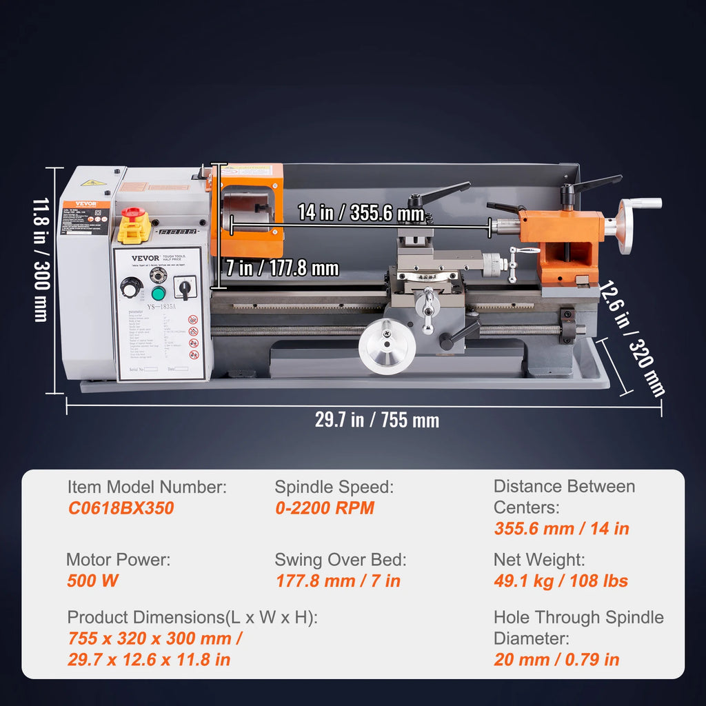 SucceBuy 7" x 14" Benchtop Metal Lathe, 500W, 0-2200 RPM – 500W