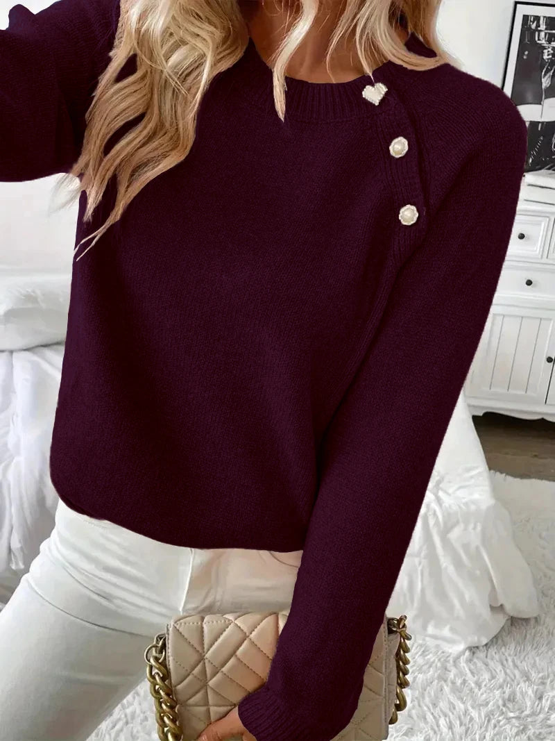 Women's Asymmetrical Gold Button Crew Neck Knit Sweater – Burgundy
