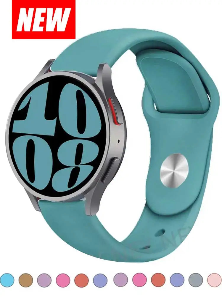Teal silicone smartwatch band with a round digital watch face displayed with color options underneath.