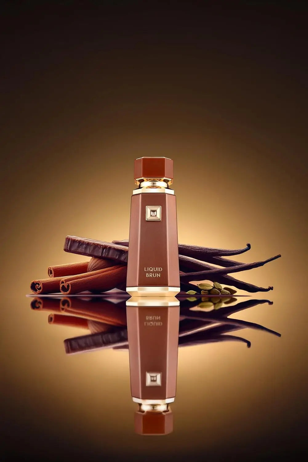 Brown perfume bottle with gold cap surrounded by vanilla beans and cinnamon sticks