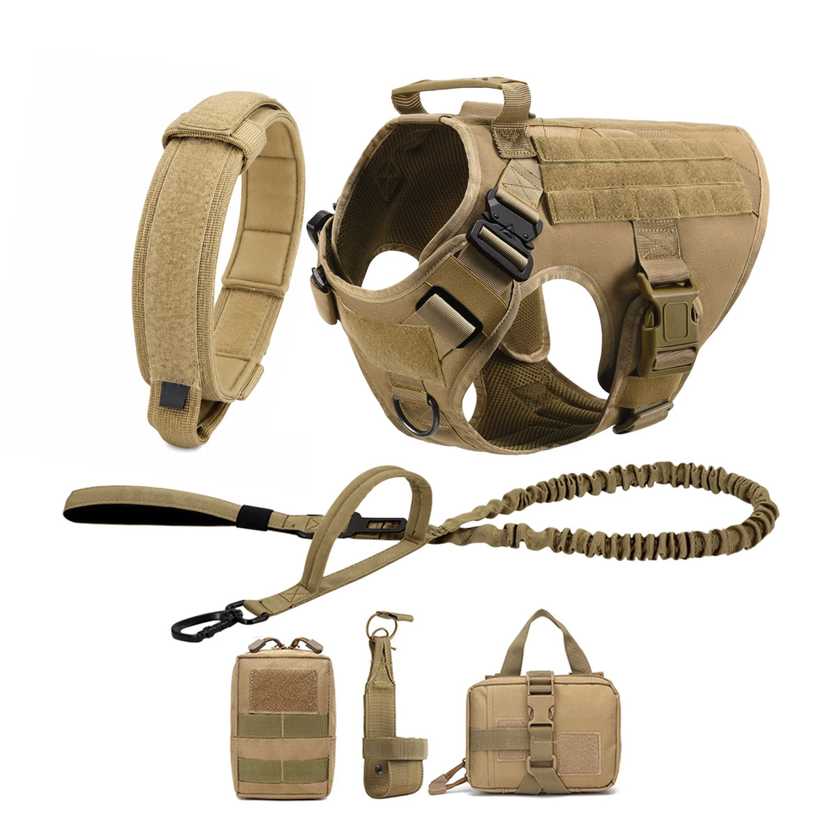 Tactical Dog Harness with Collar and Leash for Medium to Large Dogs – Brown 6 Pieces