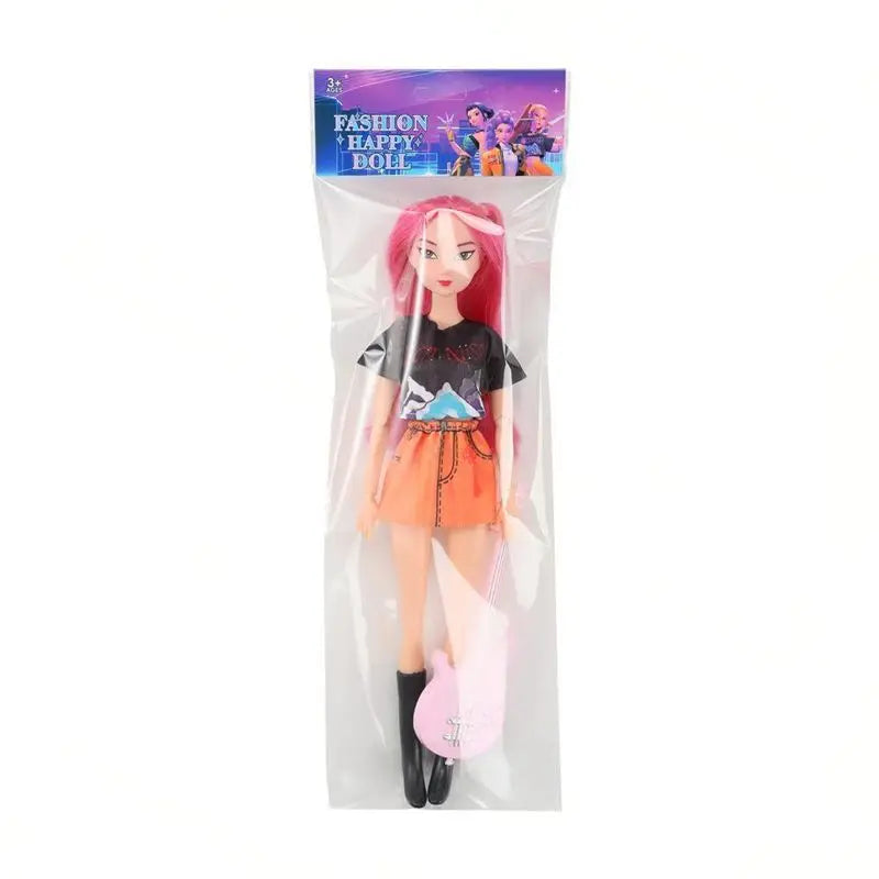 Singer doll with pink hair in clear packaging with branded header card
