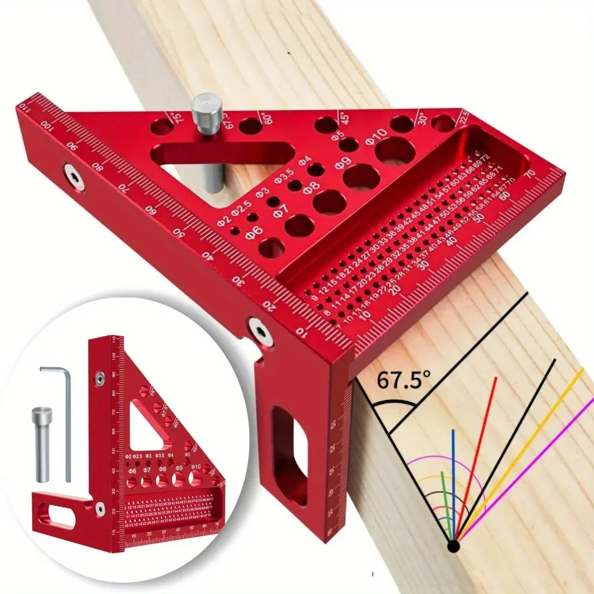 Red multi-angle carpenter square used for marking angles on wood